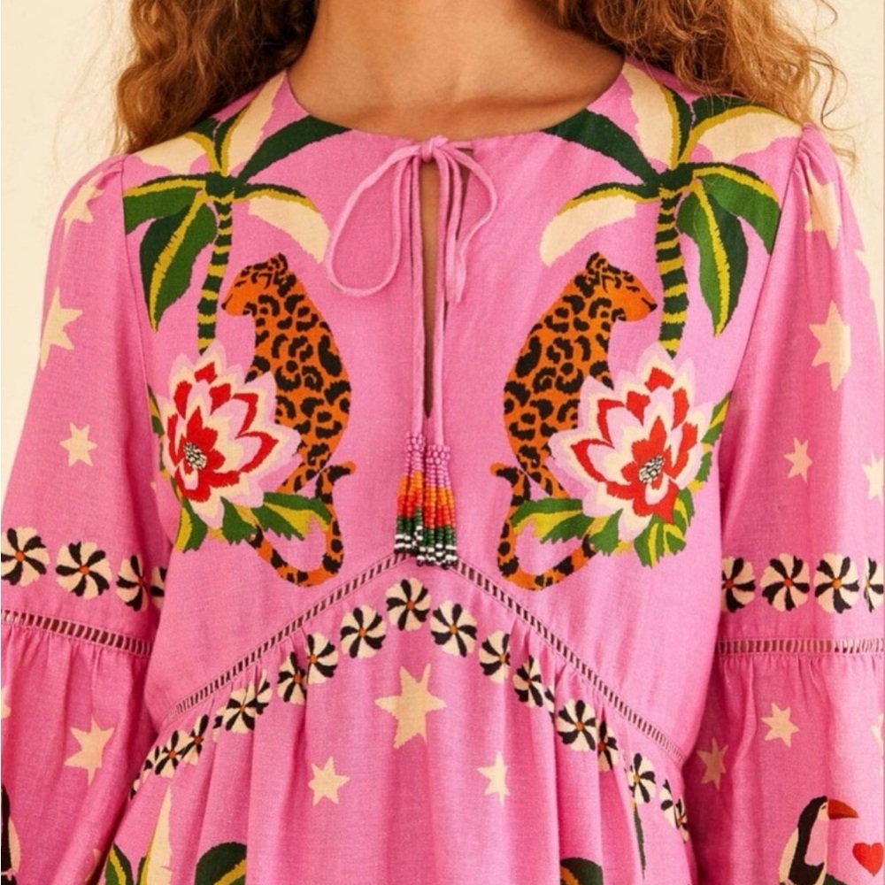FARM Rio Pink Leopard Forest Mini Dress Beaded babydoll resort tropical Size L - Picture 4 of 9